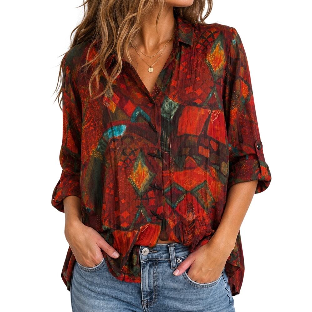 Ali Miles 1X Wearable Art Autumn Thanksgiving Halloween Blouse Shirt Top Artsy